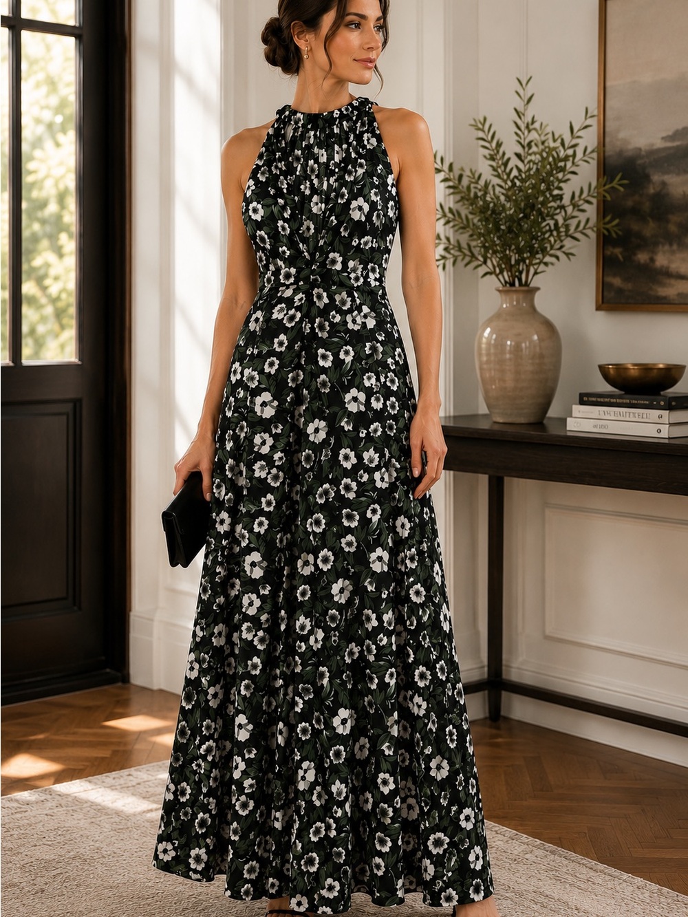 bebe Floral Maxi Dress Black Green NWT Size 10